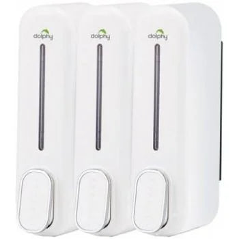 Set of three white wall-mounted liquid dispensers with transparent strips to show fill level.