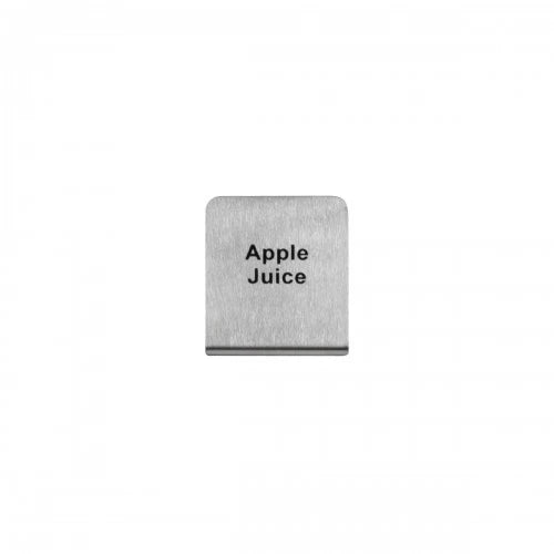 Stainless steel label clip engraved with the words Apple Juice, used for buffet or beverage labeling.