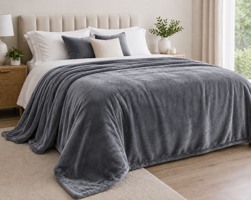 Gray blanket draped over a bed in a bedroom setting with pillows and decor.