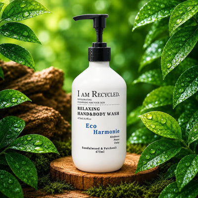 Eco-friendly Hand and body wash bottle labeled 'I Am Recycled' made from sustainable recycled plastics.
