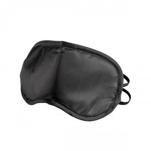 Black satin sleep mask with elastic straps, designed for comfort and blocking light during rest.