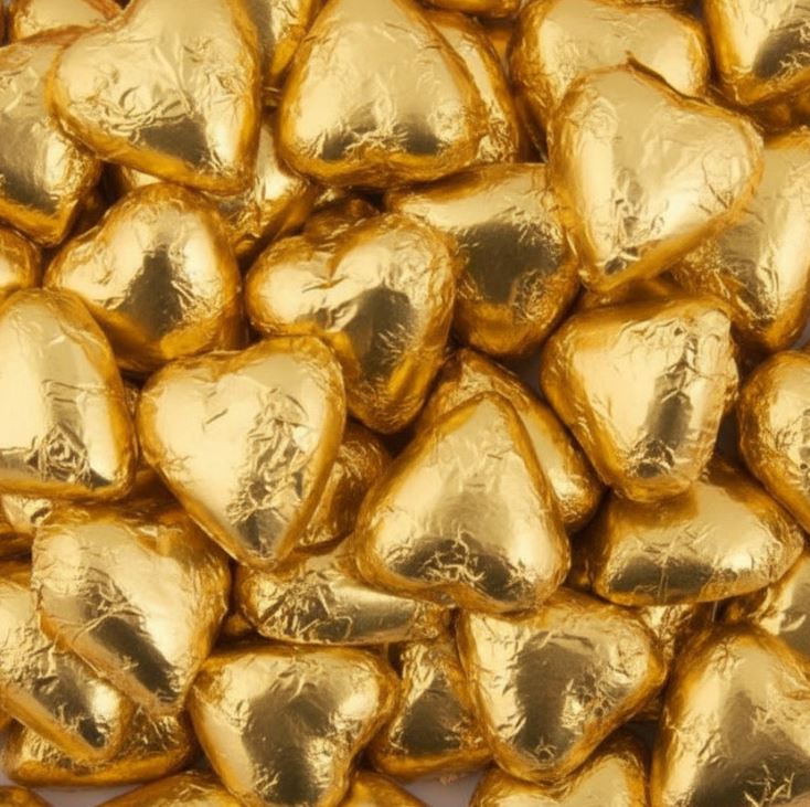 Gold heart-shaped chocolates with foil wrapping.