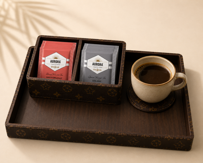 Chocolate and gold leatherette hotel guest room serving tray