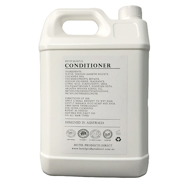 White 5-litre container of nourishing conditioner with black text label for hotel use.