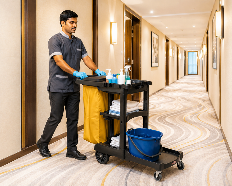 Housekeeping cart with bag and 3 layers