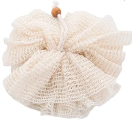Natural-colored bath loofah made of mesh material with a hanging loop and wooden bead.