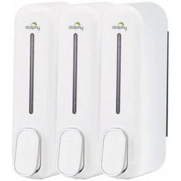 Set of three white wall-mounted liquid dispensers with transparent strips to show fill level.
