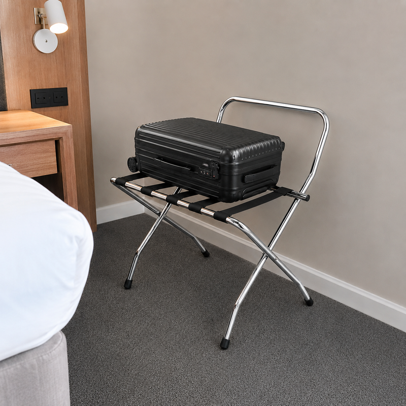 Guest room chrome luggage hotel stand