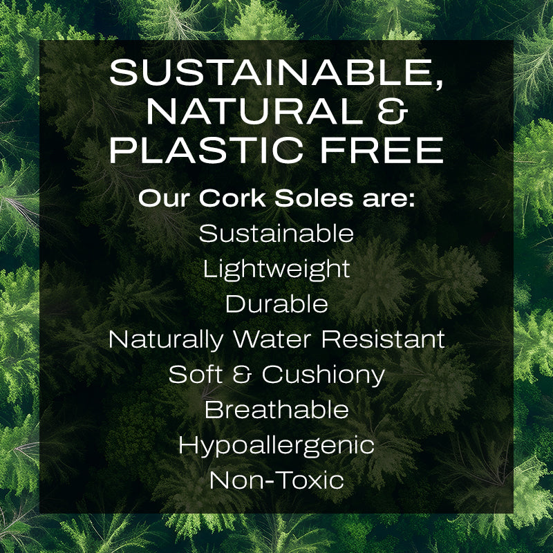 Text on green background describing cork soles as sustainable, lightweight, durable, and eco-friendly.