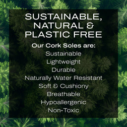 Text on green background describing cork soles as sustainable, lightweight, durable, and eco-friendly.