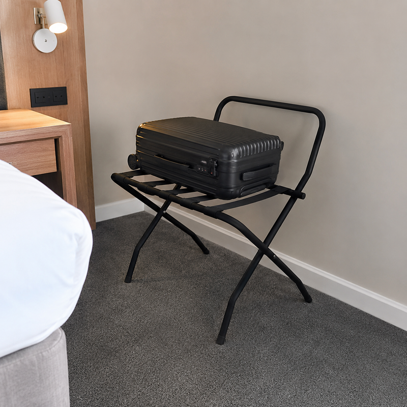 Black luggage stand with back support