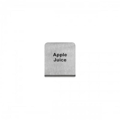 Stainless steel label clip engraved with the words Apple Juice, used for buffet or beverage labeling.