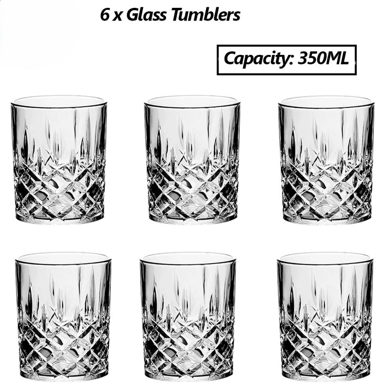 Set of six glass tumblers with cut patterns