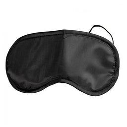 Black satin sleep mask with elastic straps, designed for comfort and blocking light during rest.