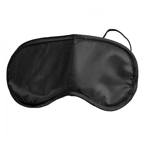 Black satin sleep mask with elastic straps, designed for comfort and blocking light during rest.