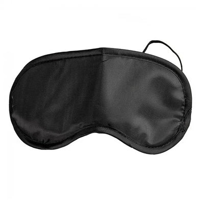 Black satin sleep mask with elastic straps, designed for comfort and blocking light during rest.
