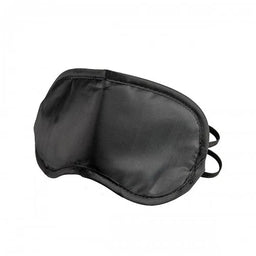 Black satin sleep mask with elastic straps, designed for comfort and blocking light during rest.