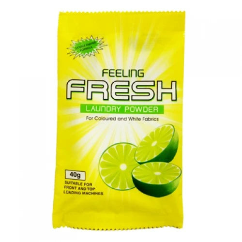 Feeling Fresh laundry powder 40g packet in bright yellow with lime images, for coloured and white fabrics