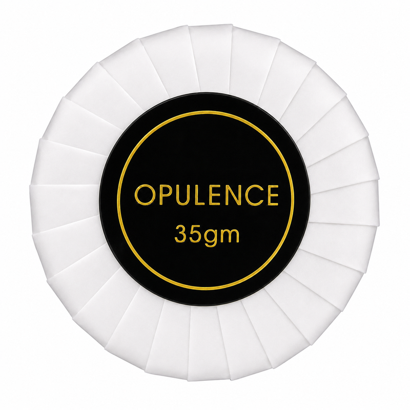 Premium savon 35gm guest and hotel soap with gold metallic text for impressive display.