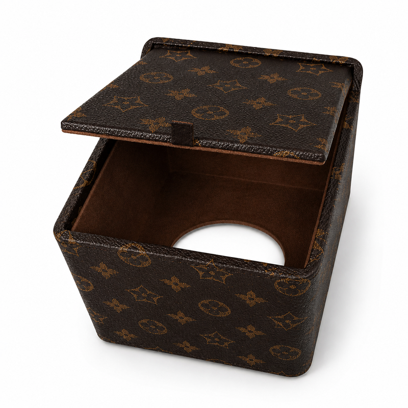 Hotel leatherware square tissue box open from the bottom