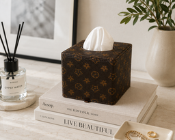 Leatherware tissue box in chocolate and gold color
