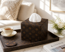 Faux chocolate leather and gold embossed tissue cube for vanity