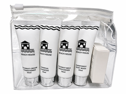 Beach House amenity products in a clear pouch