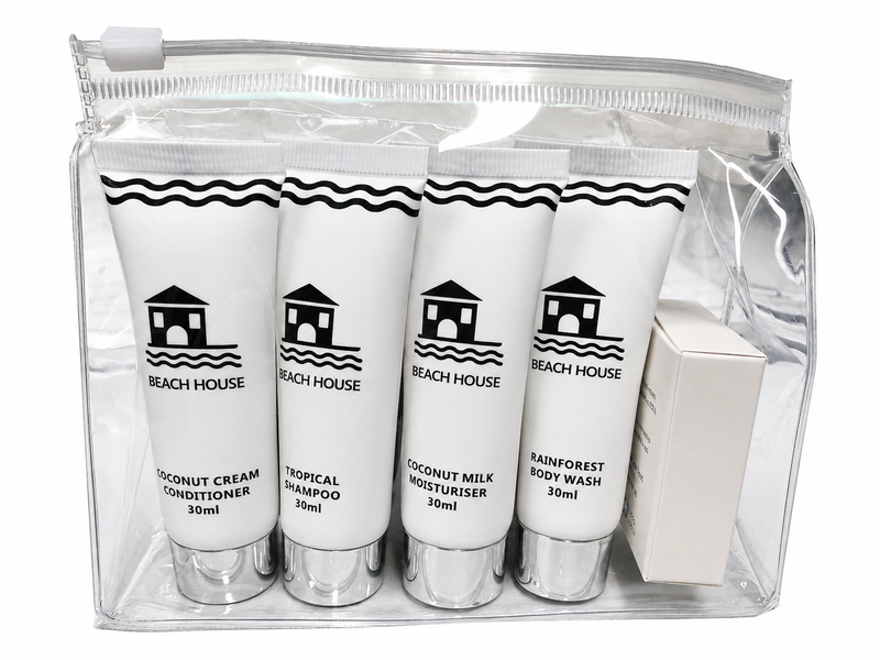 Beach House amenity products in a clear pouch