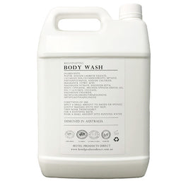 Back view of a white 5-litre body wash container showing ingredients, directions, and certification icons.