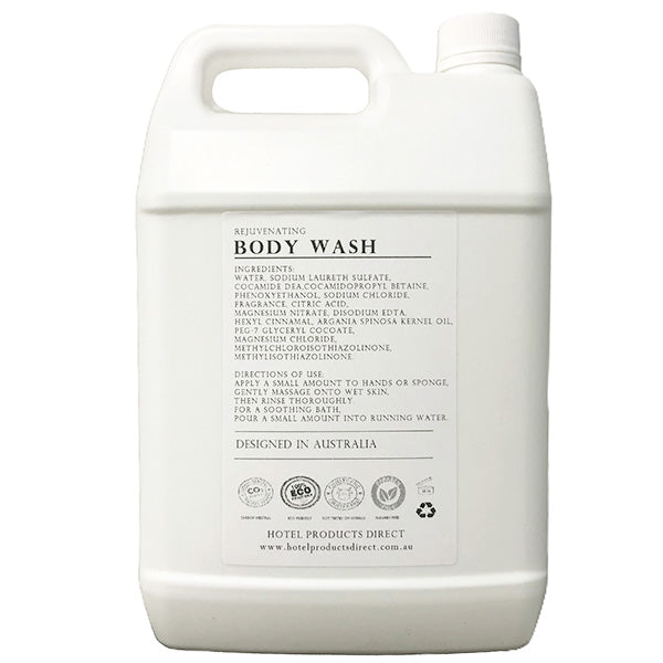 Back view of a white 5-litre body wash container showing ingredients, directions, and certification icons.