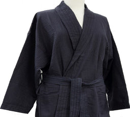Black waffle weave bathrobe with long sleeves and belt, displayed on a mannequin torso