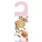 Pink floral scented door hanger air freshener in decorative packaging with flower illustrations