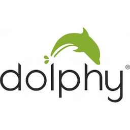 Dolphy logo featuring a green dolphin jumping over the brand name in lowercase black letters