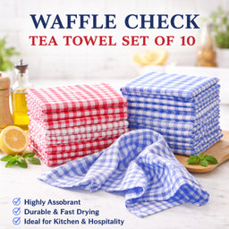 Waffle check tea towel set of 10 with red and blue patterns 