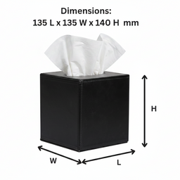 Black square tissue box with white tissue, dimensions 135x135x140 mm shown with labeled arrows