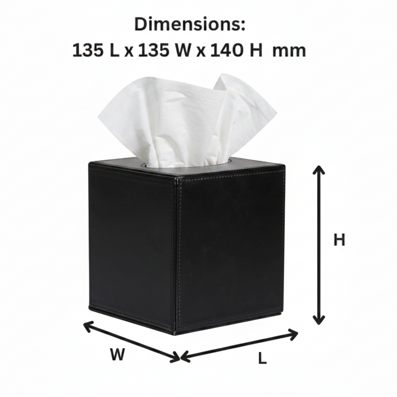 Black square tissue box with white tissue, dimensions 135x135x140 mm shown with labeled arrows