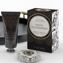 Mor Snow gardenia shampoo and travel accessories