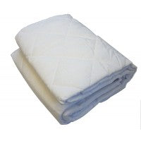 White quilted mattress protector covering a mattress corner with visible stitching and padding