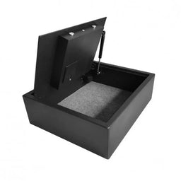 Black electronic safe with an open lid, showing interior lined with grey fabric