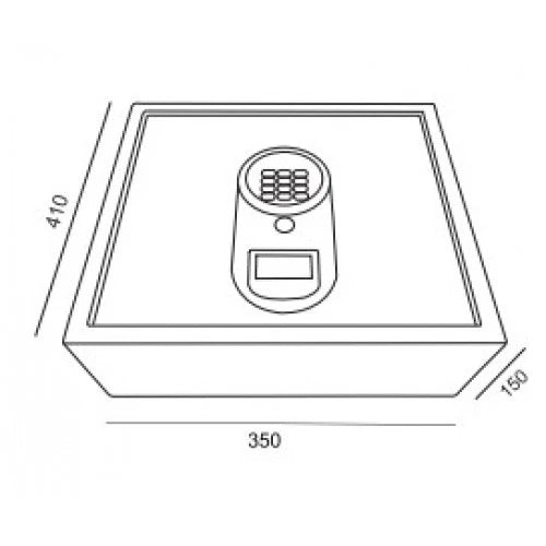 Line drawing of an electronic safe with keypad and display, showing dimensions 410x350x150 mm