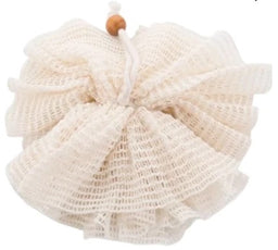 Natural-colored bath loofah made of mesh material with a hanging loop and wooden bead.