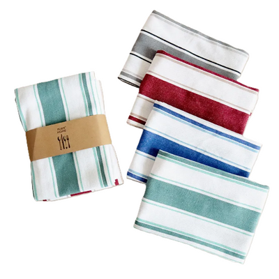 White cotton tea towel with a simple design, suitable for kitchen use and drying dishes.
