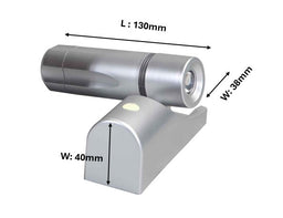 Silver cylindrical flashlight with base, labeled dimensions: length 130mm, width 38mm, base width 40mm