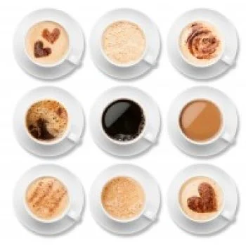 Nine cups of coffee with different styles, some topped with heart-shaped cocoa designs, arranged in a grid pattern