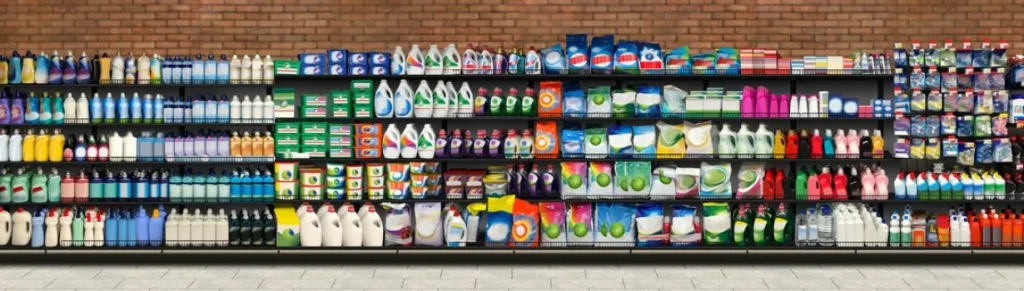 Assorted washing powders, liquid detergents, and household cleaning chemicals displayed on a supermarket shelf