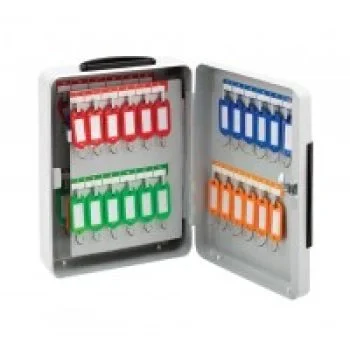 Lockable key cabinet with rows of red, green, blue, and orange key tags organized on hooks.