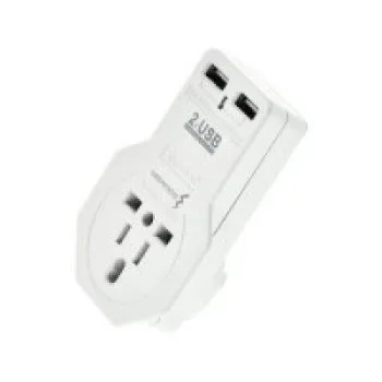 Dual USB wall charger with two charging ports, compact and suitable for travel or hotel use