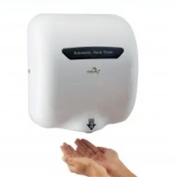 hite compact hair dryer with a foldable handle, designed for hotel or travel use.