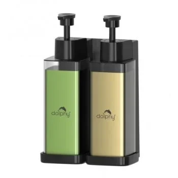 Dual wall-mounted pump dispensers with black holders, containing green and yellow liquid bottles.