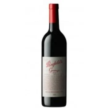 Bottle of Penfolds Grange red wine with a red cap and white label featuring red text.